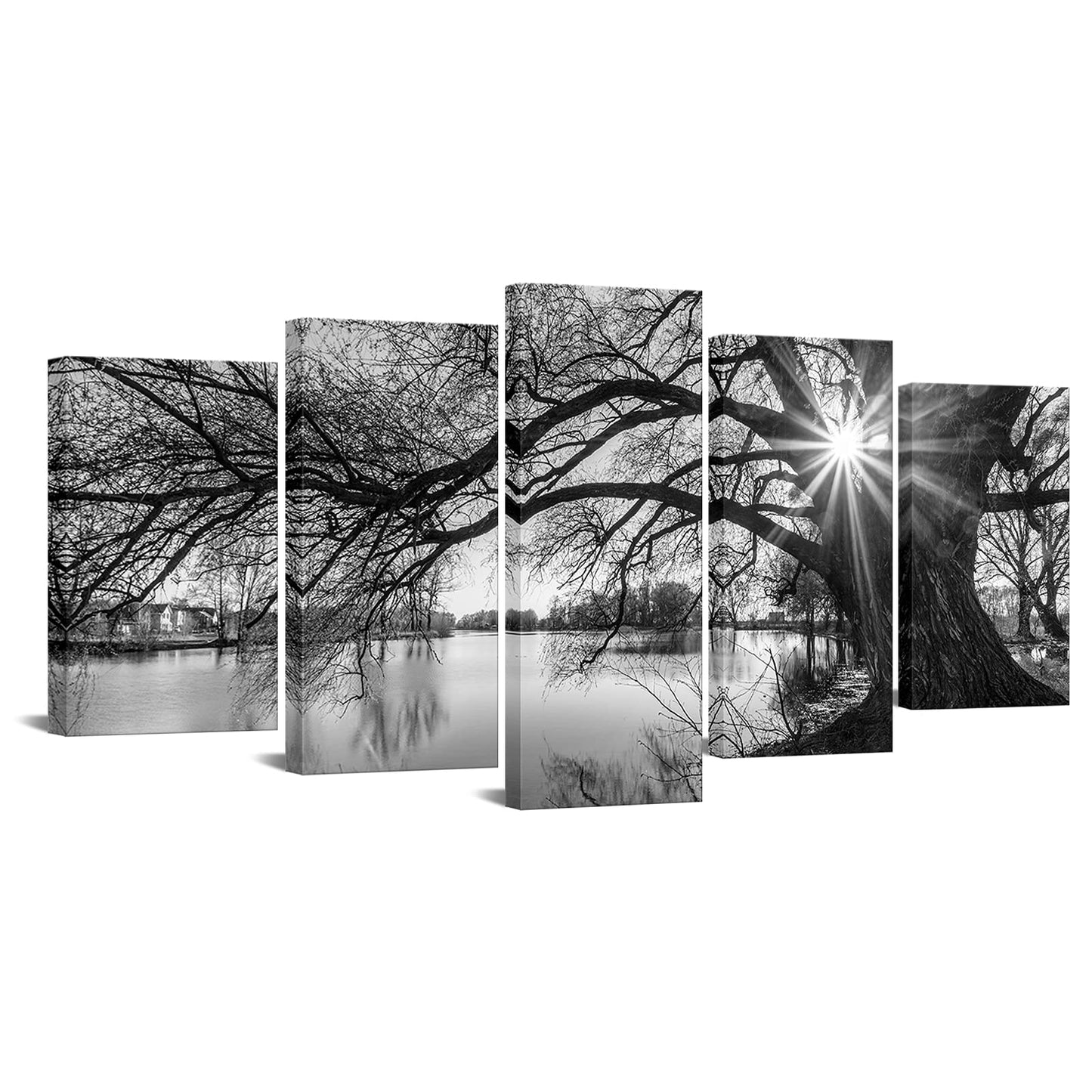 5-Piece Black & White Art Deco Landscape Canvas — Framed & Ready to Hang