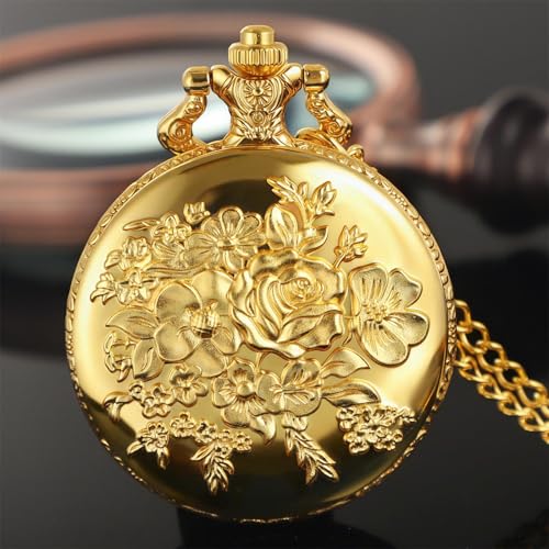 Vintage 3D Flower Quartz Pocket Watch with Chain