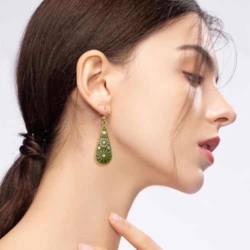 Olive Green Crystal Teardrop Floral Boho Earrings