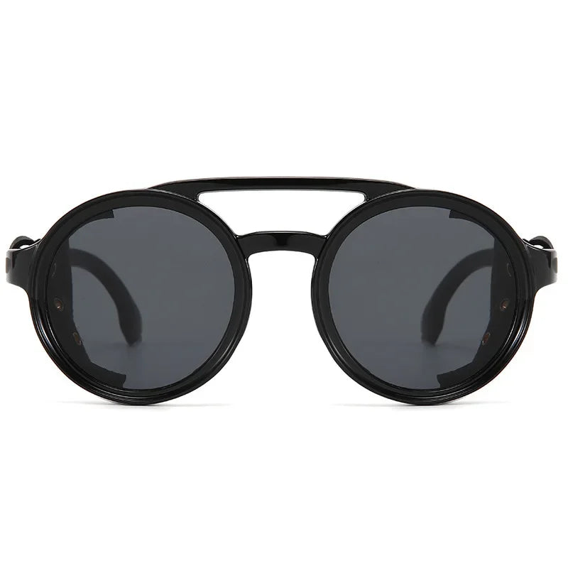 Retro Round Steampunk Sunglasses with Leather Shades