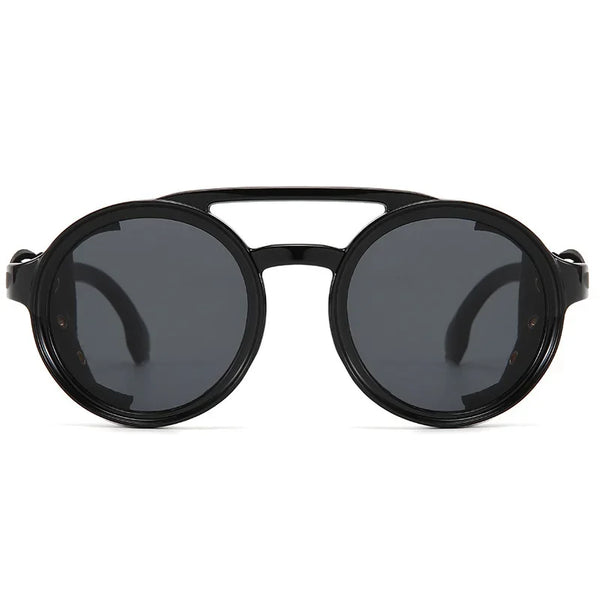 Retro Round Steampunk Sunglasses with Leather Shades