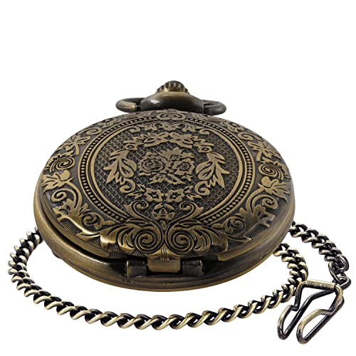 Large Decorative Flower Pattern Quartz Pocket Watch — White Roman Numerals, Men’s, with Chain
