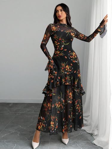 GothDark Women Floral Maxi Dress Bell Sleeve Party Wedding Guest Dresses