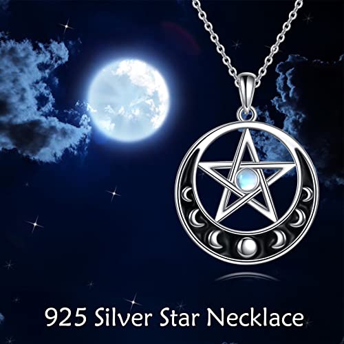 Sterling Silver Pentagram Necklace with Birthstone Triple Moon