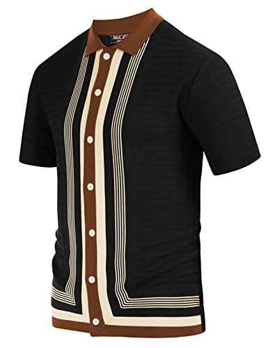 PJ PAUL JONES Men's Vintage Stripe Knit Polo Shirts Short Sleeve Stylish Button Down Cardigan Sweater
