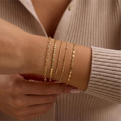 Dainty Simple Gold Bracelets for Women, Stackable Satellite Paperclip Lip 14K Gold Plated Bracelet Set Tiny Lip Dot Chain Box Link for Minimalist Gift Cute Trendy Jewelry Gold Accessories for Women