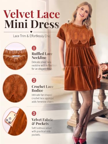 Wenrine Womens Velvet Dress Fall Lace Short Sleeve Babydoll Mini Dresses