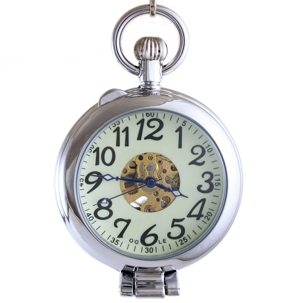 Waterproof Silver Skeleton Half-Hunter Pocket Watch