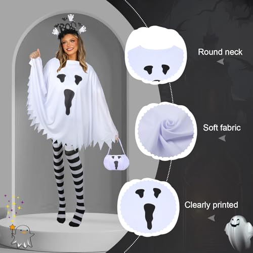 4 PCS Halloween Costume Set for Women 2026 Adult Ghost Costume, Ghost Poncho, Candy bag Headband and Nylon Striped Tights for Halloween Cosplay Party