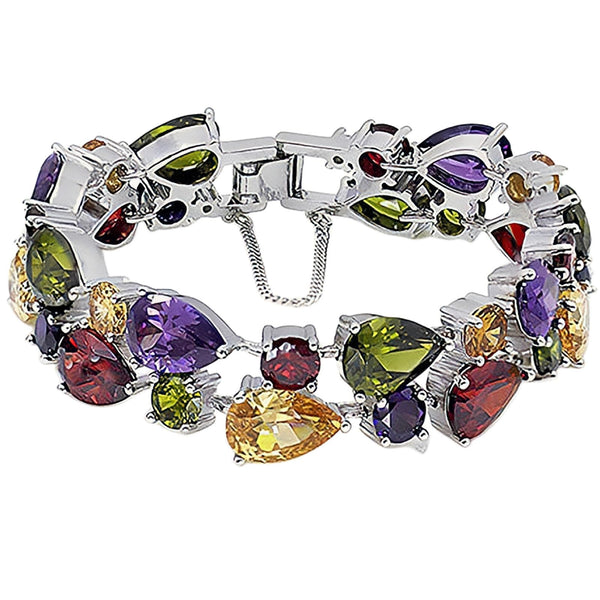 Hermosa Silver Bangle Bracelets For Women Classic Fashion Bracelet with Gemstone Garnet White Topaz Amethyst Citrine Peridot Pink Topza 7 Inches