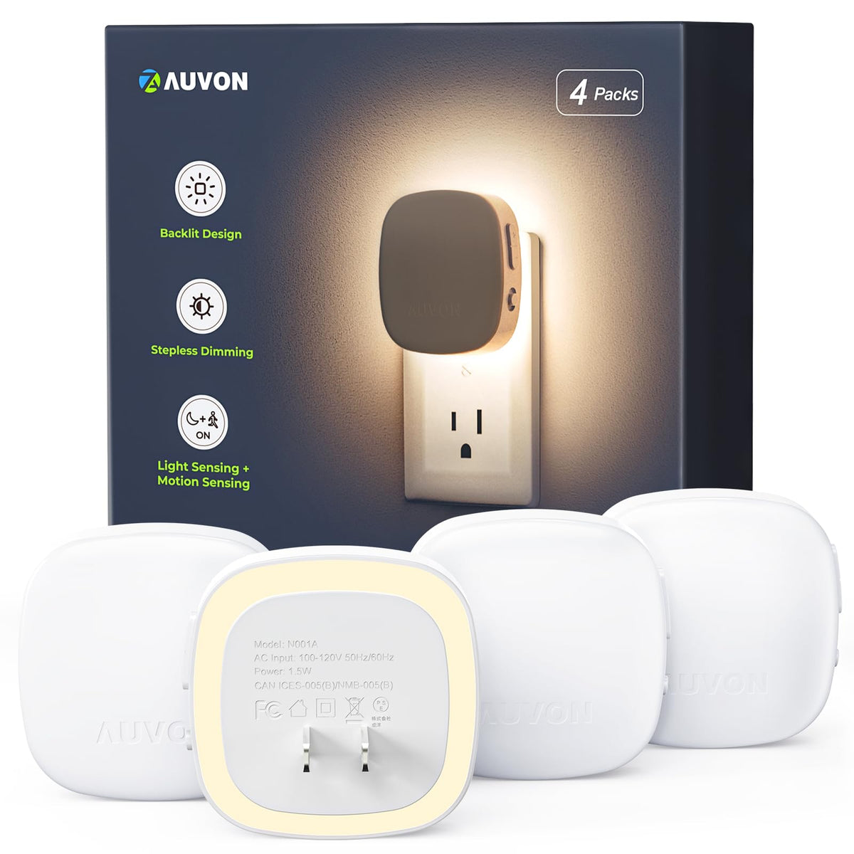 Auvon Plug-in LED Backlit Night Light With Motion Sensor & Dusk to Dawn Sensor, Dimmable Warm Whi...