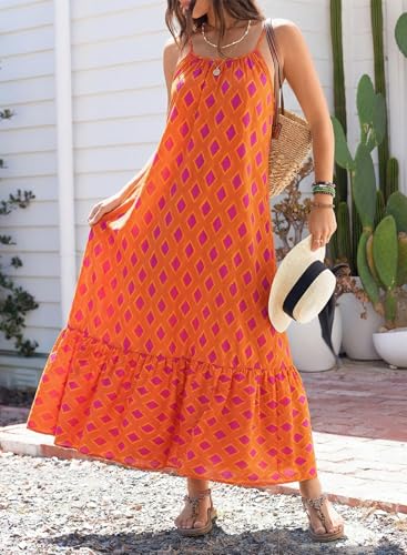Dokotoo Women Summer Dresses Scoop Neck Ruffle Flowy Boho Maxi Dress