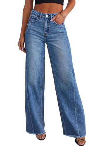 Sidefeel Women's Wide Leg Jeans High Waisted Stretchy Raw Hem Main image