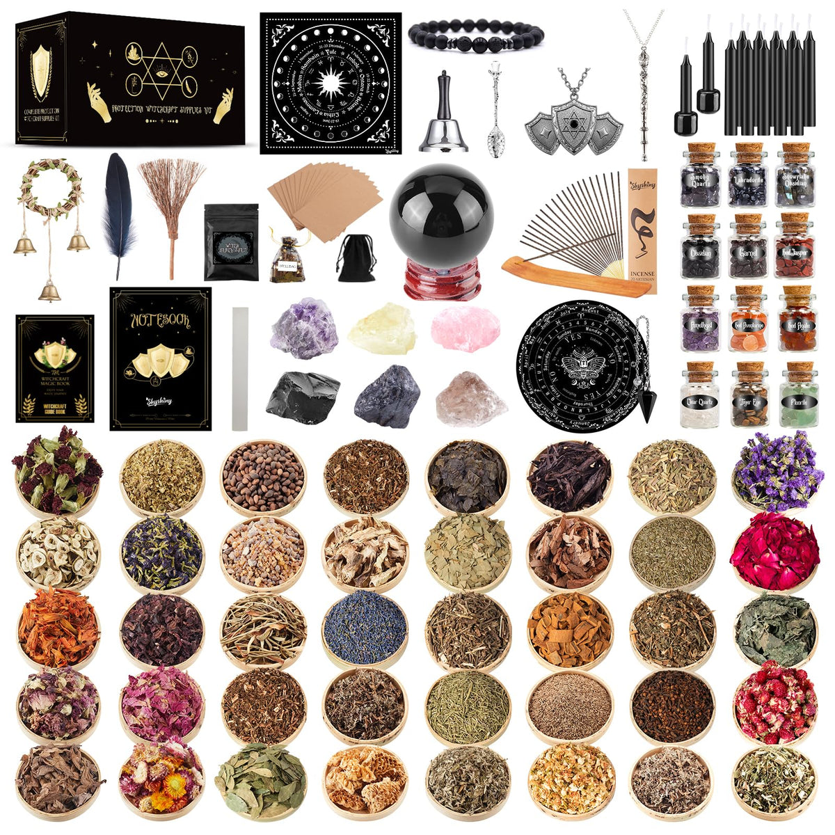 Wiccan Supplies and Tools for Protection, 130Pack Witchcraft Supplies Witchy Gift for Beginners, Dried Herbs, Crystals, Candles, Witch Starter Spell Kit