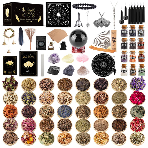 Wiccan Supplies and Tools for Protection, 130Pack Witchcraft Supplies Witchy Gift for Beginners, Dried Herbs, Crystals, Candles, Witch Starter Spell Kit