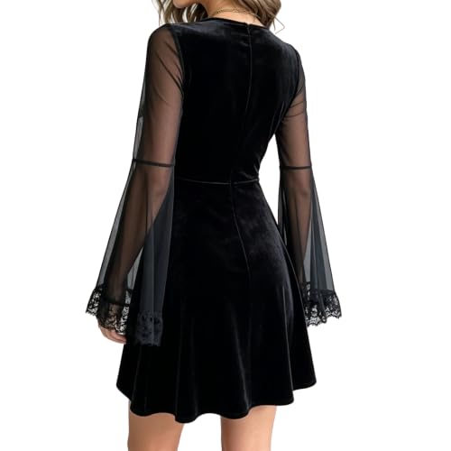 Black Velvet Dress for Women Halloween Lace Trim Cosplay Sheer Sleeve Swing Flare Dresses XS-XL