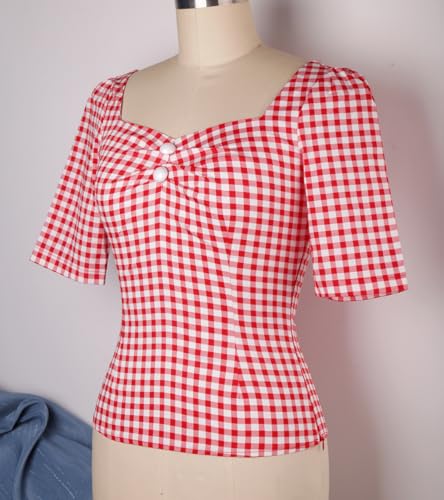 YARN & INK Women's 1950s Pinup Tops, Rockabilly Vintage Blouse Medium Sleeves Sweetheart V-Neck Shirt