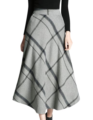 Tanming Womens Plaid Skirt Wool A‑Line Pleated Long Skirt