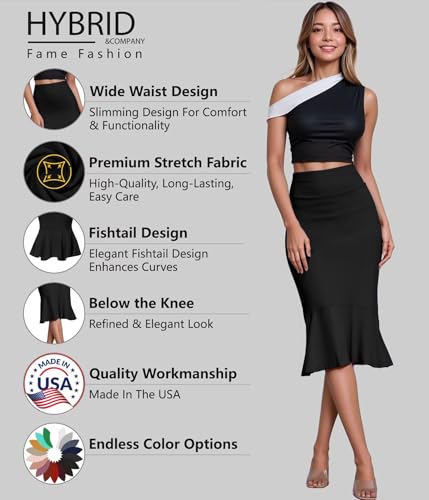 HyBrid & Company Womens Premium Nylon Ponte Stretch Office Fishtail Pencil Skirt High Waist Made in The USA Below Knee