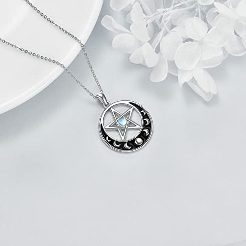Sterling Silver Pentagram Necklace with Birthstone Triple Moon