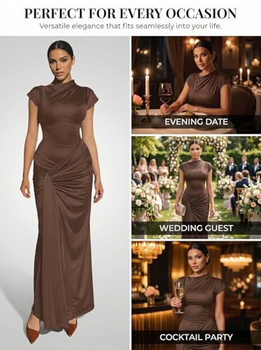 Mojessy Women Bodycon Maxi Dress Sexy Mock Neck Lace Up Bandage Ruched Short Sleeve Long Dress Cocktail Dress