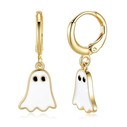 Halloween Ghost Earrings for Women – Spooky Cute 14K Gold Plated Hoop Dangle Jewelry, Fun Halloween Accessories Gifts