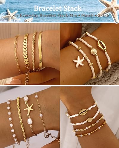 Boho Gold Beaded Bracelets for Women, Stackable Bracelets