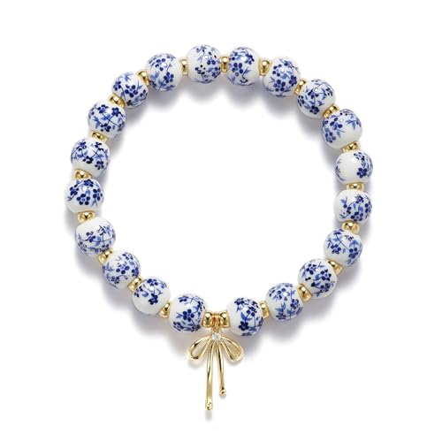 Beaded Bracelets for Women,Bow Charm Blue Flower Gold Plated Jewelry Women