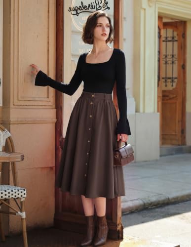 Belle Poque Women Midi Skirts High Waisted A Line Skirt with Pockets