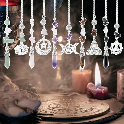 GOMAKERER 5 Pcs Natural Gemstones Pendulum, 5 Styles Crystal Dowsing Pendulum Reki Gemstone Chips Pendulum for Women Man Divination Wicca Meditation