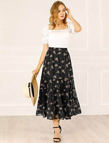 Allegra K Women's Floral Skirt Chiffon A-line Long Tiered Ruffle Maxi Skirt