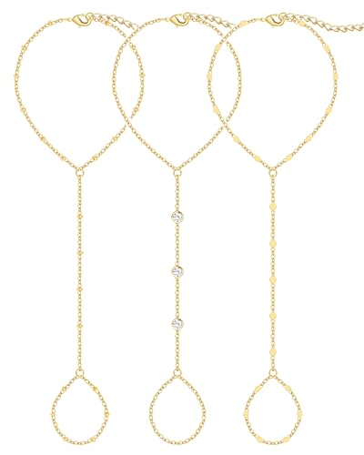 3PCS 14K Gold-Plated Hand Chain Bracelets for Women, Stack Bracelets Set Adjustable, Trendy Dainty Ring Bracelet Hand Chain