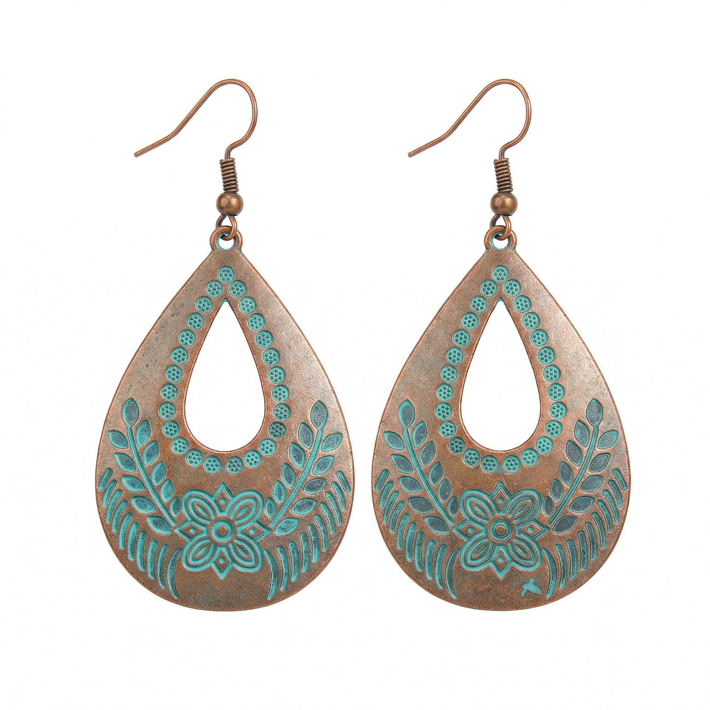 Vintage Bronze Turquoise Engraved Flower Earrings