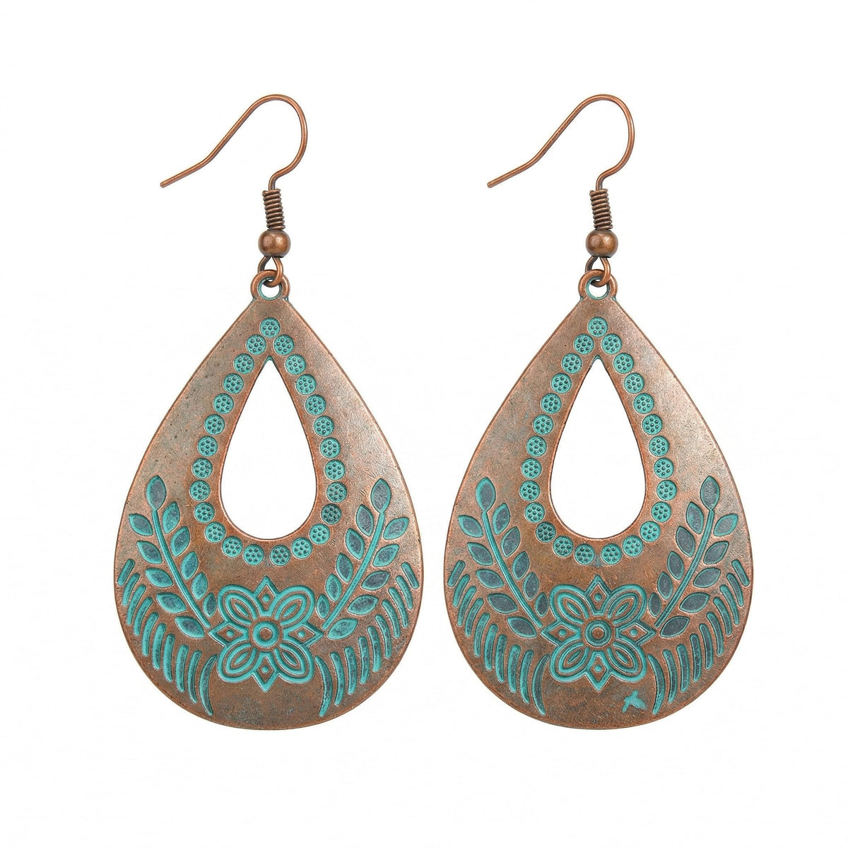 Vintage Bronze Turquoise Engraved Flower Earrings