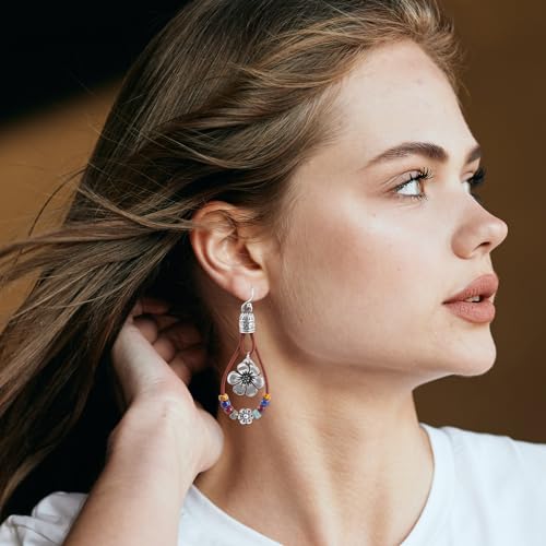 Western Leather Flower Dangle Earrings with Natural Stones
