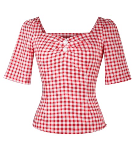 YARN & INK Women's 1950s Pinup Tops, Rockabilly Vintage Blouse Medium Sleeves Sweetheart V-Neck Shirt