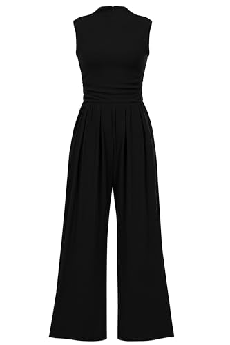 PRETTYGARDEN Women's Summer Dressy Casual Jumpsuits | Cozy Ribbed Fabric, Sleeveless Mock Neck, Back Zipper, Pockets, Wide Leg Pants Rompers, Fashion Clothing, One Piece Outfits