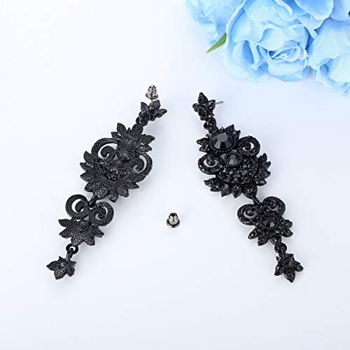 Vintage Floral Teardrop Butterfly Wing Black Austrian Crystal Drop Dangle Earrings for Women Bride Gift