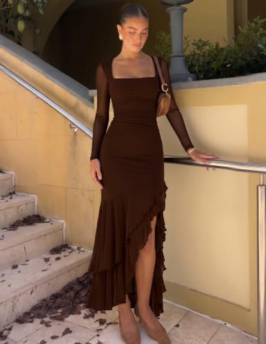 BORIFLORS Women's Bodycon Fall Wedding Guest Long Sleeve Maxi Dress