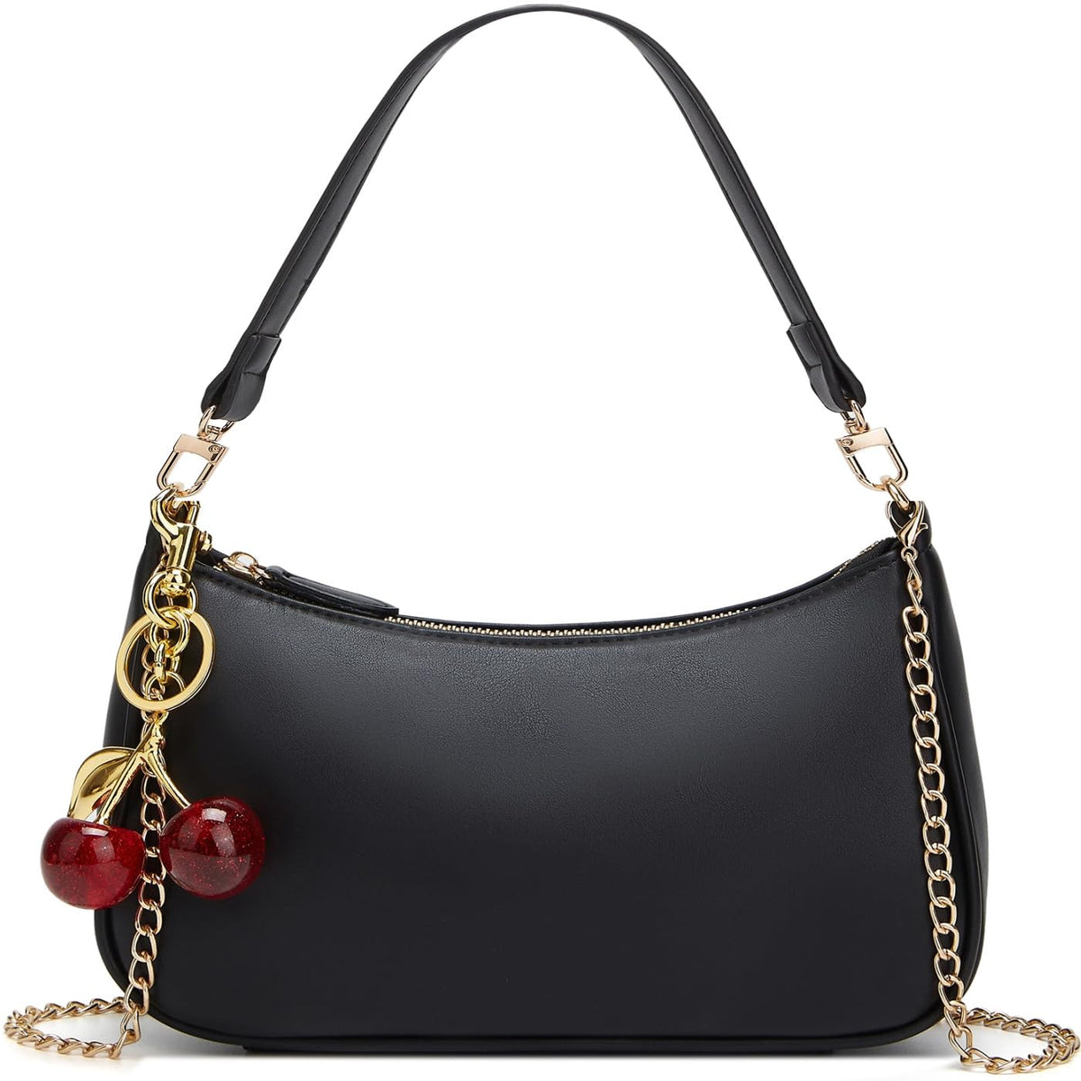 Black Cute Hobo Cherry Shoulder Bag — Retro Clutch with Removable Straps
