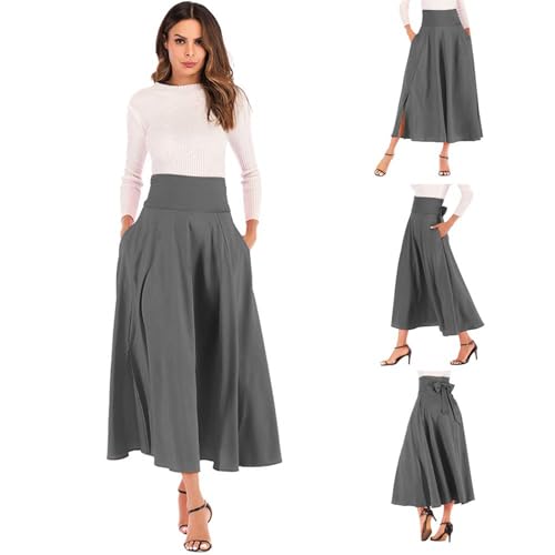 Women’s High Waist Pleated Maxi Skirt with Pockets, Solid Split Flowy Skirt