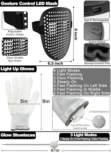 3 Set Halloween Gesture Sensing LED Mask Glow Skeleton Gloves & Shoelaces
