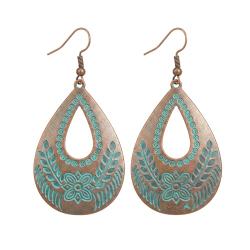 Vintage Bronze Turquoise Engraved Flower Earrings Main image