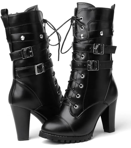 High Heel Boots for Women,Womens Platform Boot Heels Sexy Round Toe Lace UP High Heels Mid Calf Boots