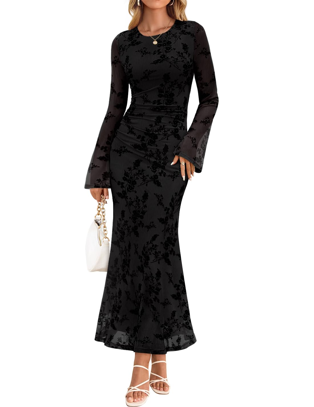 ZESICA Womens Long Sleeve Floral Fall Bodycon Ruched Mesh Maxi Formal Dress