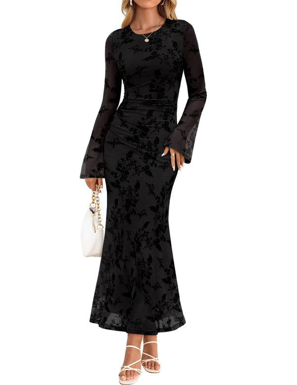 ZESICA Womens Long Sleeve Floral Fall Bodycon Ruched Mesh Maxi Formal Dress