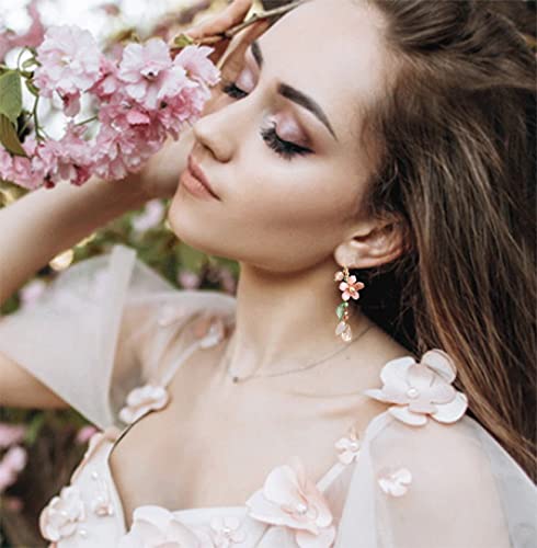 Pink Flower Asymmetric Dangle Earrings
