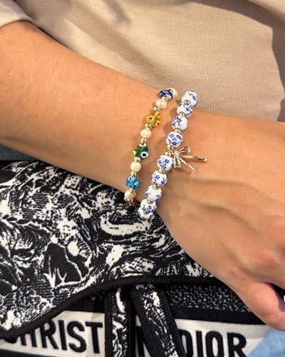 Beaded Bracelets for Women,Bow Charm Blue Flower Gold Plated Jewelry Women