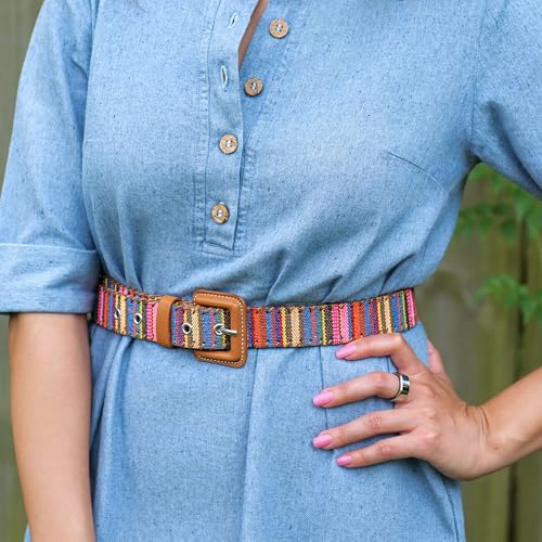 Womens Casual Belts - Multicolor Woven Belt & Brown Vegan Leather Belt Secondary image