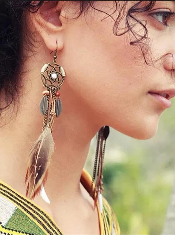 Punk Vintage Long Tassel Feather Beads Drop Wolf Tooth Pendant Earring Fish Hook Earrings Suitable to Wear At All Times